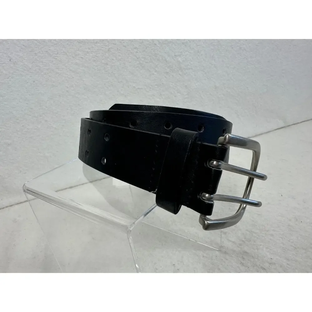 Black Synthetic Leather Belt With Silver Buckle S/M Two Holes Throughout Grunge